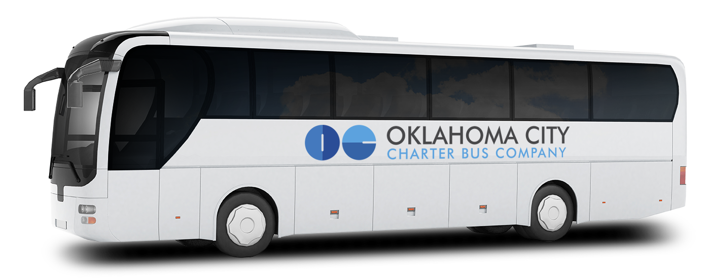 a plain white charter bus with a "Oklahoma City Charter Bus Company" logo